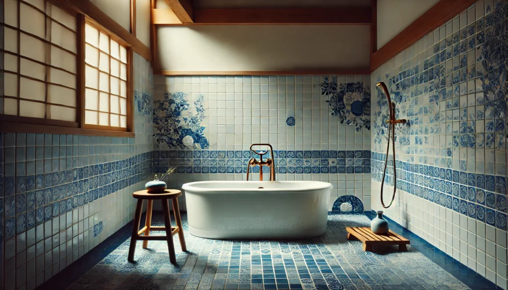 A traditional Japanese tiled bathroom with a deep soaking tub, blue and white ceramic tiles covering the walls and floor, a small wooden stool and a hand-held shower, creating a clean and minimalist aesthetic. Soft lighting enhances the tranquil atmosphere.